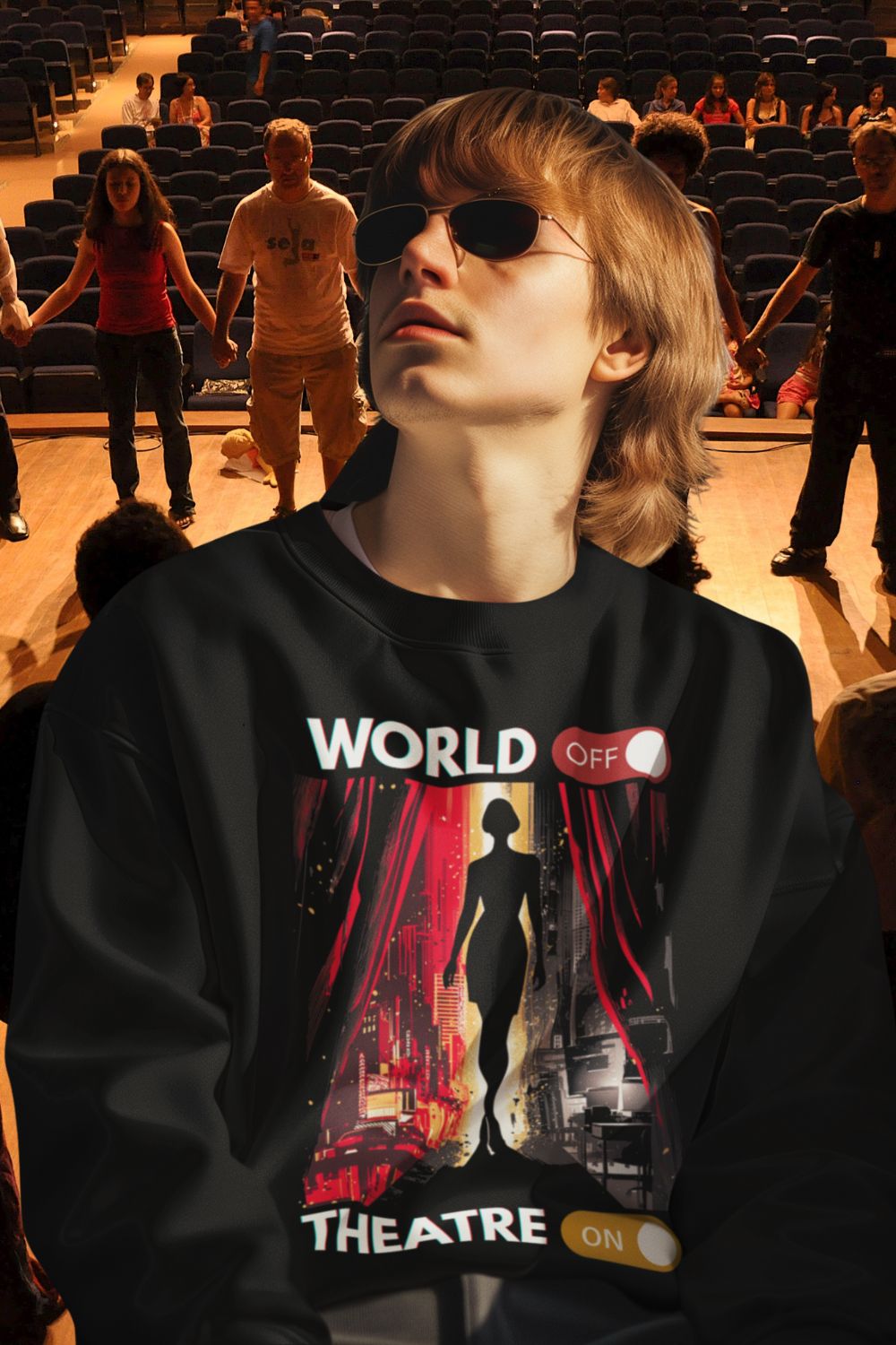 Women’s “World Off. Theatre On.” Stage Black Sweatshirt (Unisex Fit) – For Theatre Lovers Who Escape the Ordinary