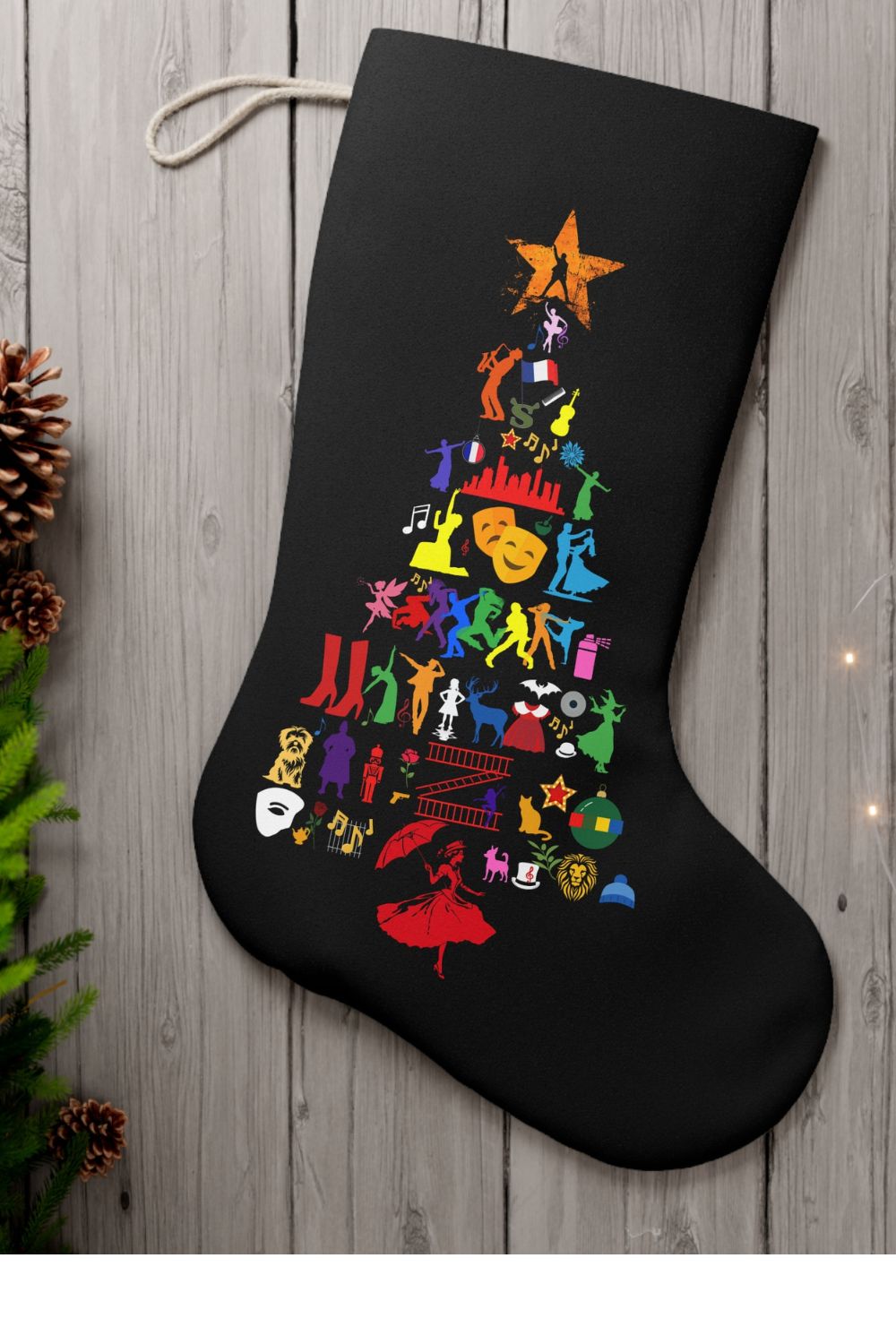 Musical Theatre Icon Christmas Tree Stocking – Festive Faux Suede Holiday Decor for Theatre Lovers