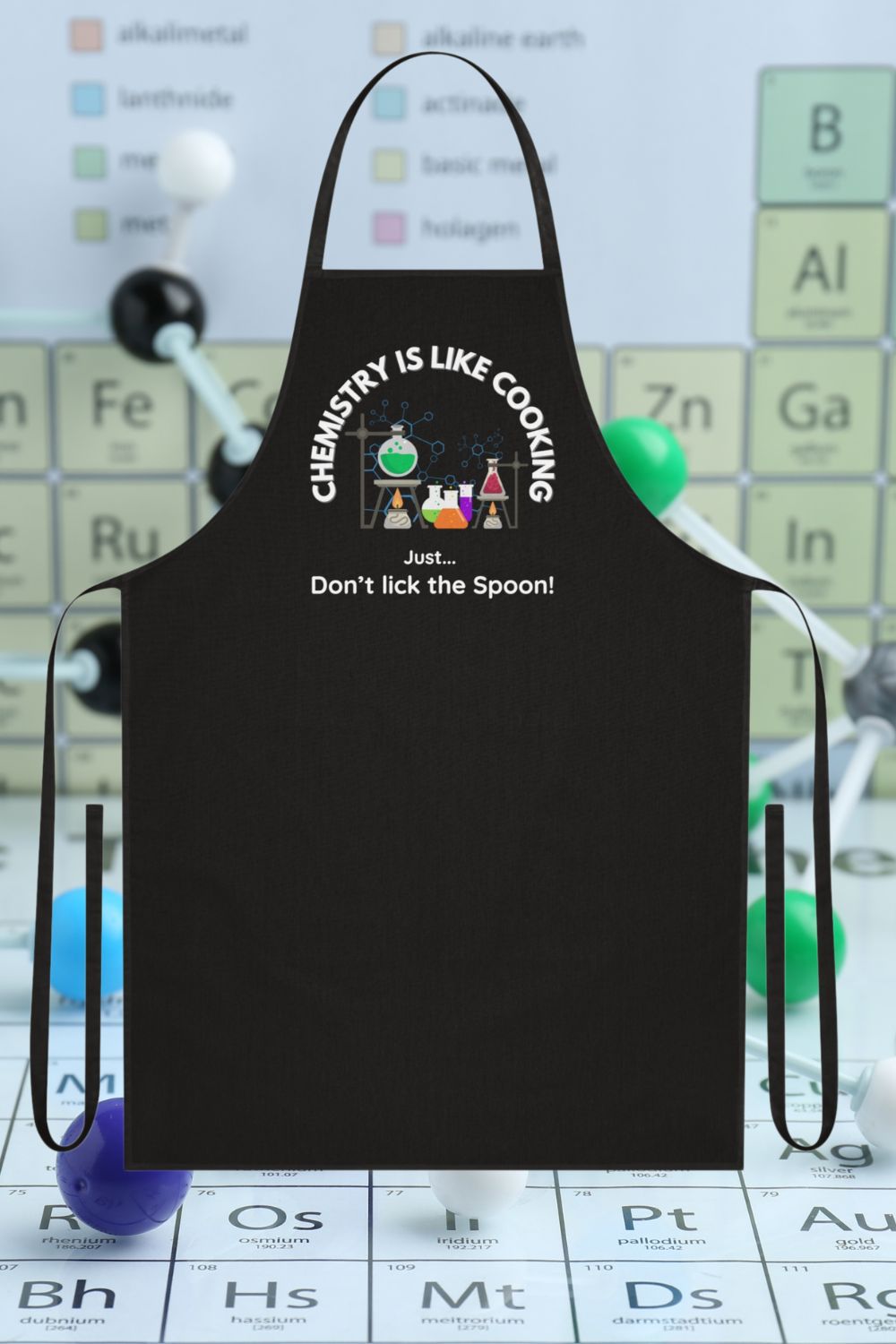 Funny Science Apron – "Chemistry Is Like Cooking... Just Don’t Lick the Spoon!" (Black, Grey, Red)