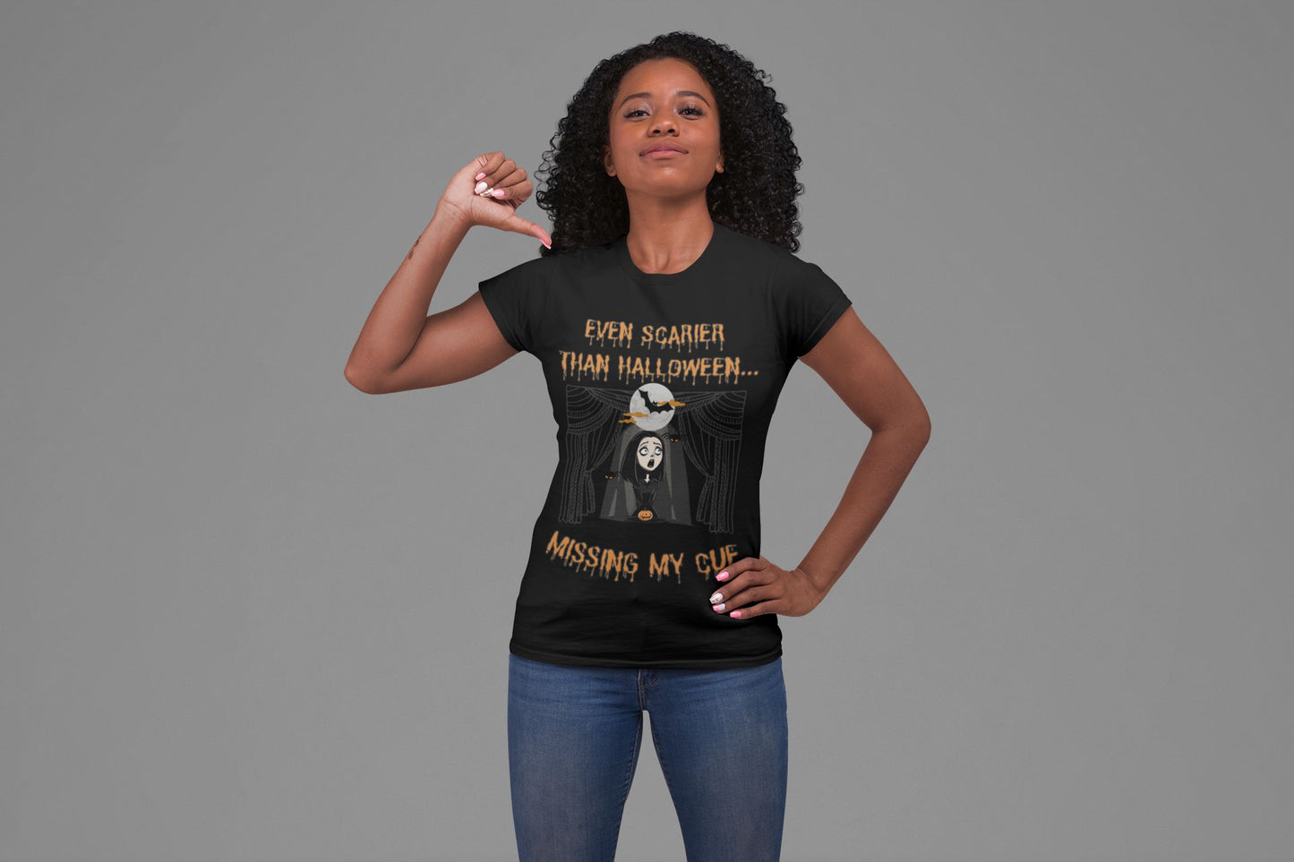 Missing My Cue Women's T-shirt – Fun Stage Fright Design for Theatre Lovers | Available in Black