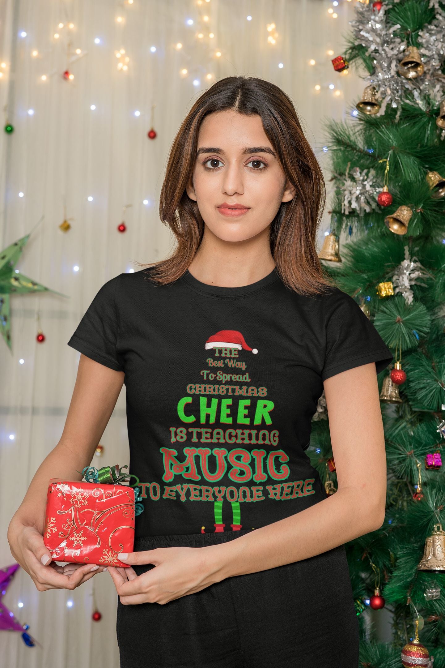 Festive Women’s T-Shirt for Music Teachers – Christmas Cheer in Black