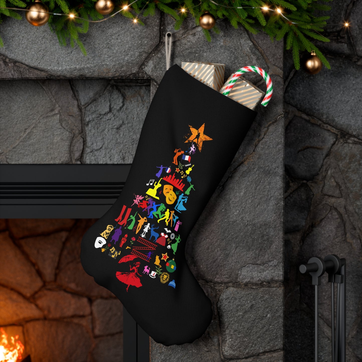 Musical Theatre Icon Christmas Tree Stocking – Festive Faux Suede Holiday Decor for Theatre Lovers