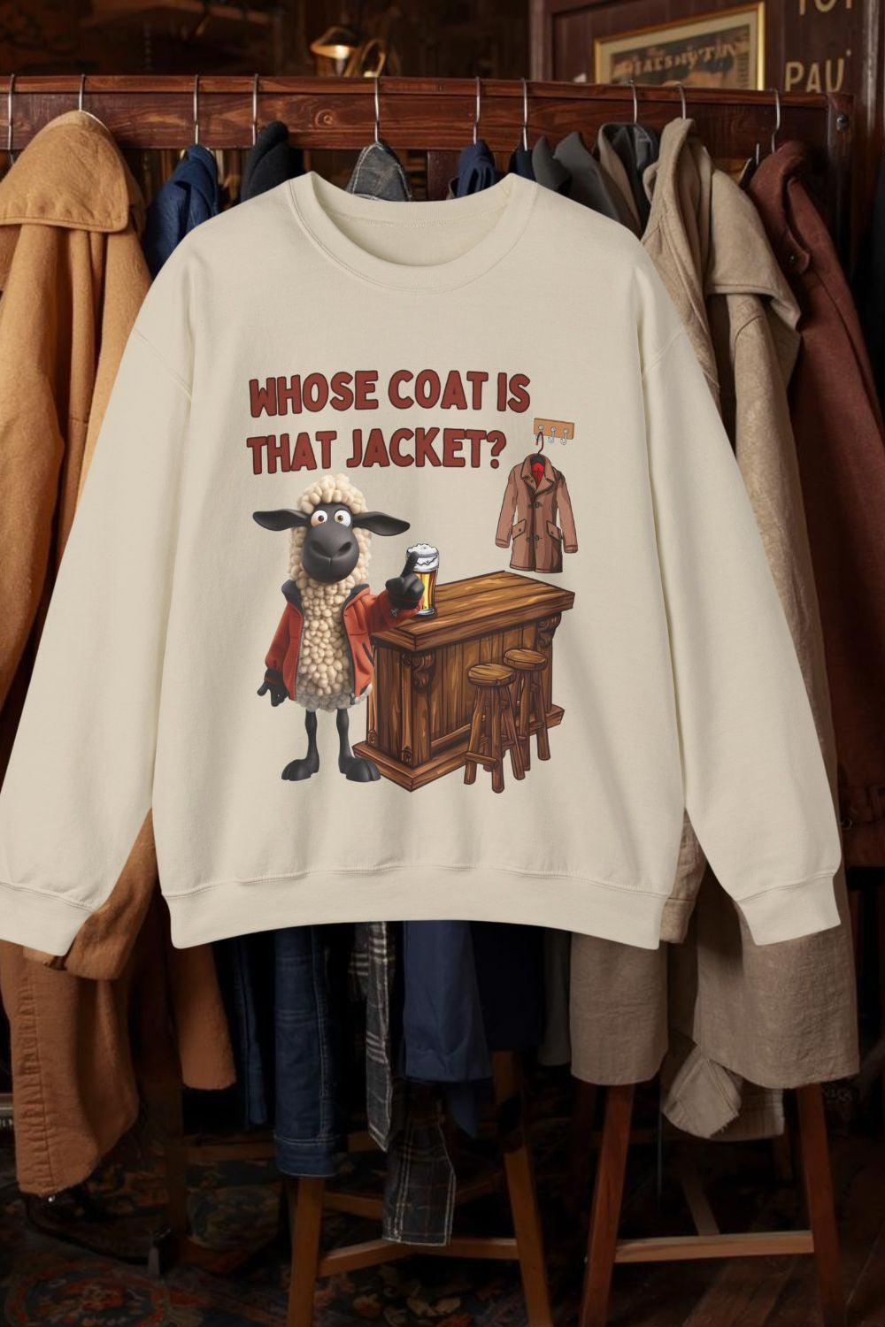 Whose Coat Is That Jacket? Welsh Humour Sweatshirt | Unisex Heavy Blend | Black, White & Sand