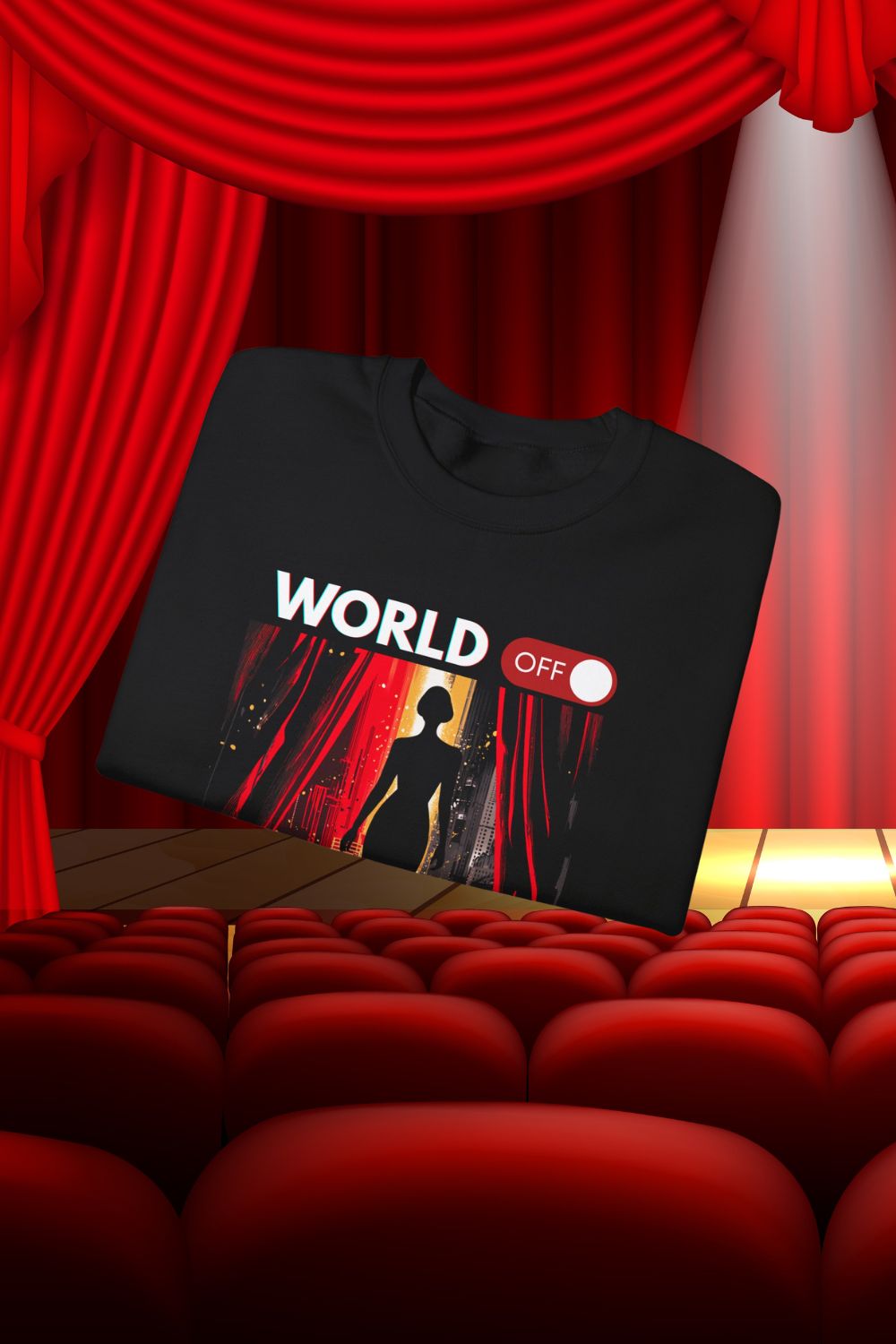 Women’s “World Off. Theatre On.” Stage Black Sweatshirt (Unisex Fit) – For Theatre Lovers Who Escape the Ordinary