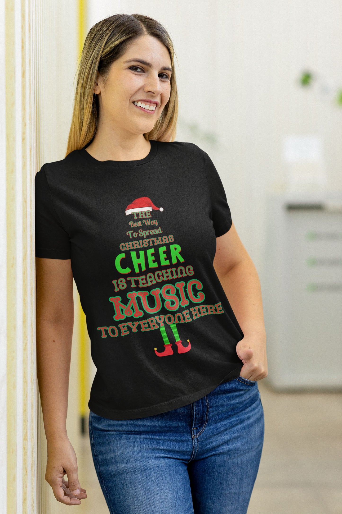 Festive Women’s T-Shirt for Music Teachers – Christmas Cheer in Black