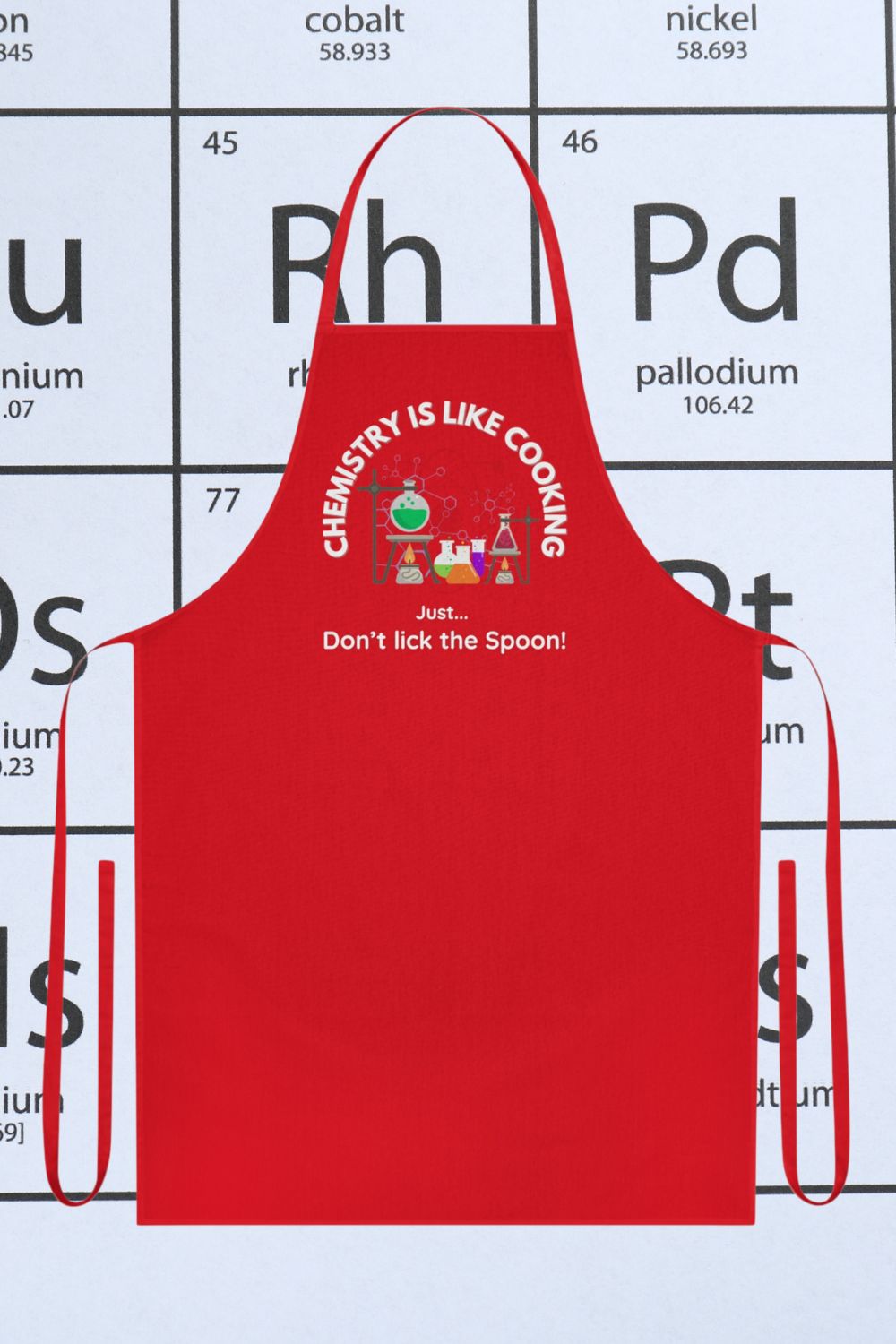 Funny Science Apron – "Chemistry Is Like Cooking... Just Don’t Lick the Spoon!" (Black, Grey, Red)