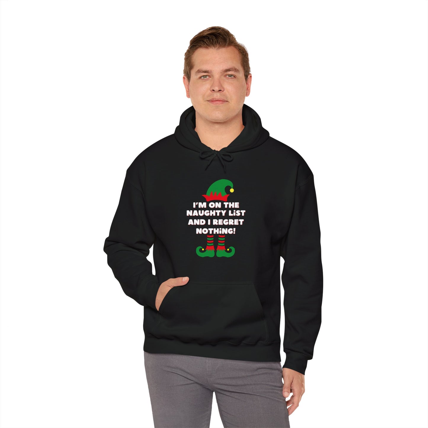 Men’s Christmas Hoodie – "I'm on the Naughty List, and I Regret Nothing" – Funny Festive Hoodie