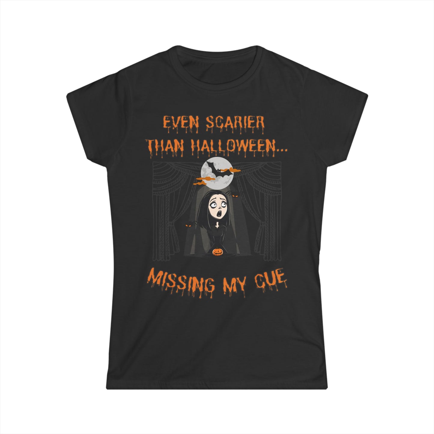 Missing My Cue Women's T-shirt – Fun Stage Fright Design for Theatre Lovers | Available in Black
