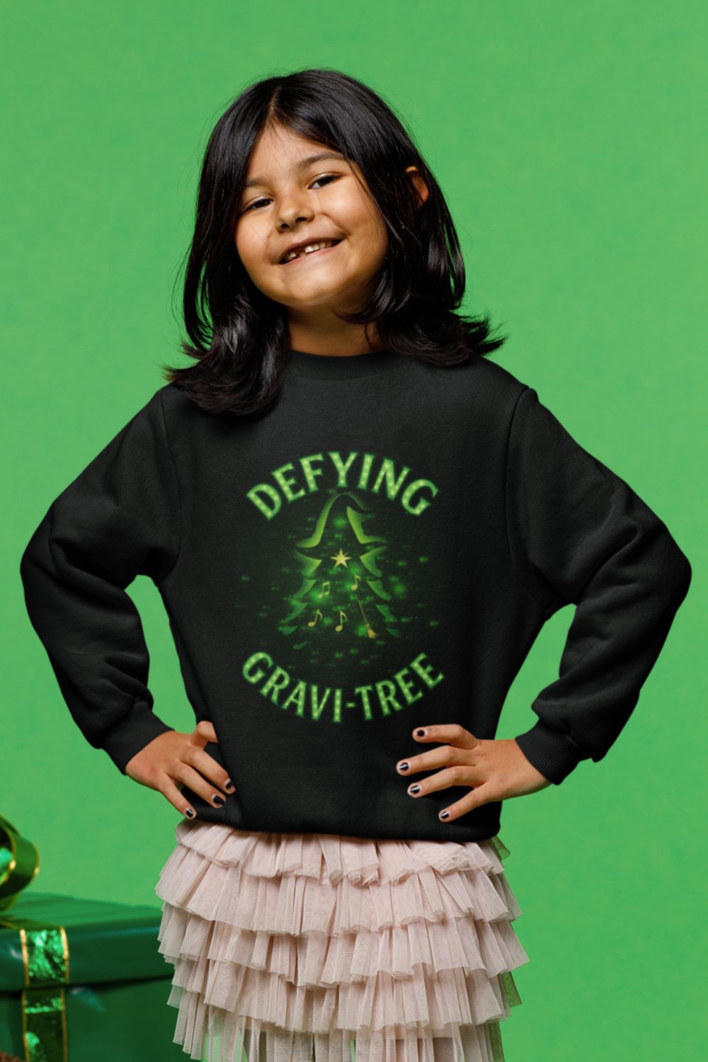 “Defying Gravi-Tree” | Wicked-Inspired Kids Christmas Sweatshirt | Unisex Black or Navy