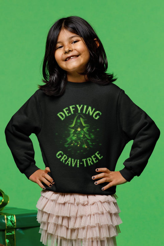 “Defying Gravi-Tree” | Wicked-Inspired Kids Christmas Sweatshirt | Unisex Black or Navy