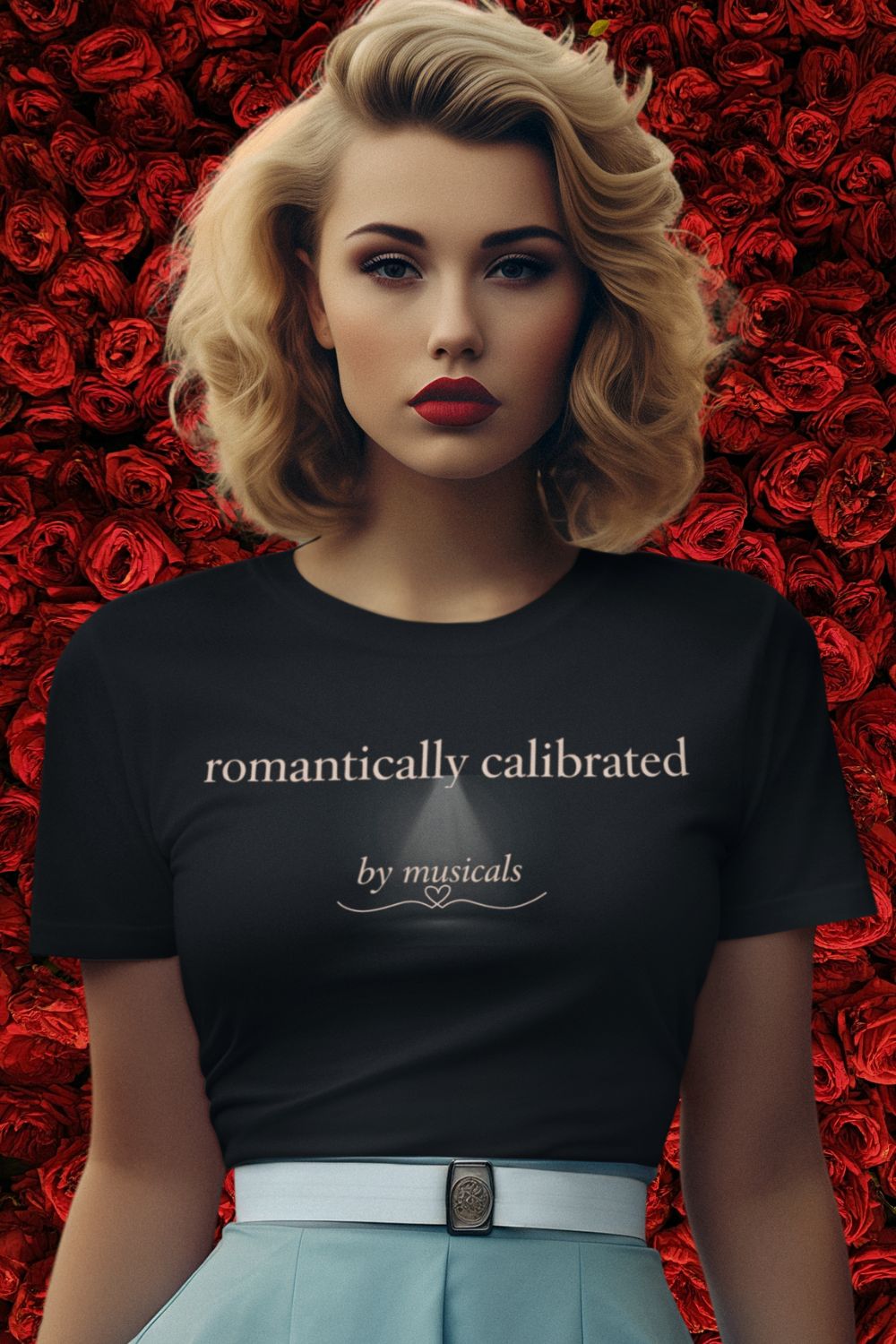 Woman wearing a black t-shirt with text in front of a red rose wall