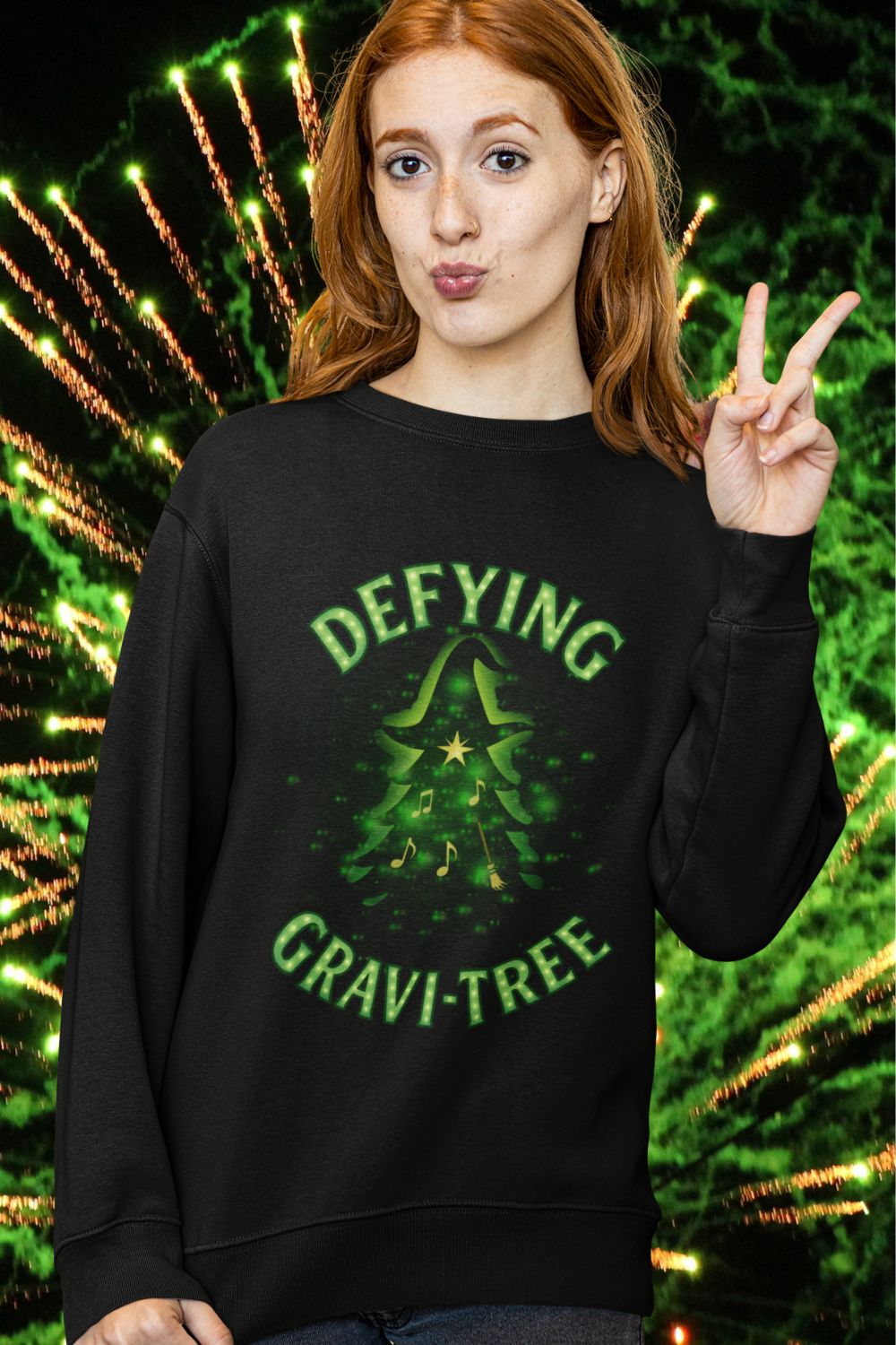 “Defying Gravi-Tree” | Wicked-Inspired Christmas Sweatshirt for Theatre Lovers