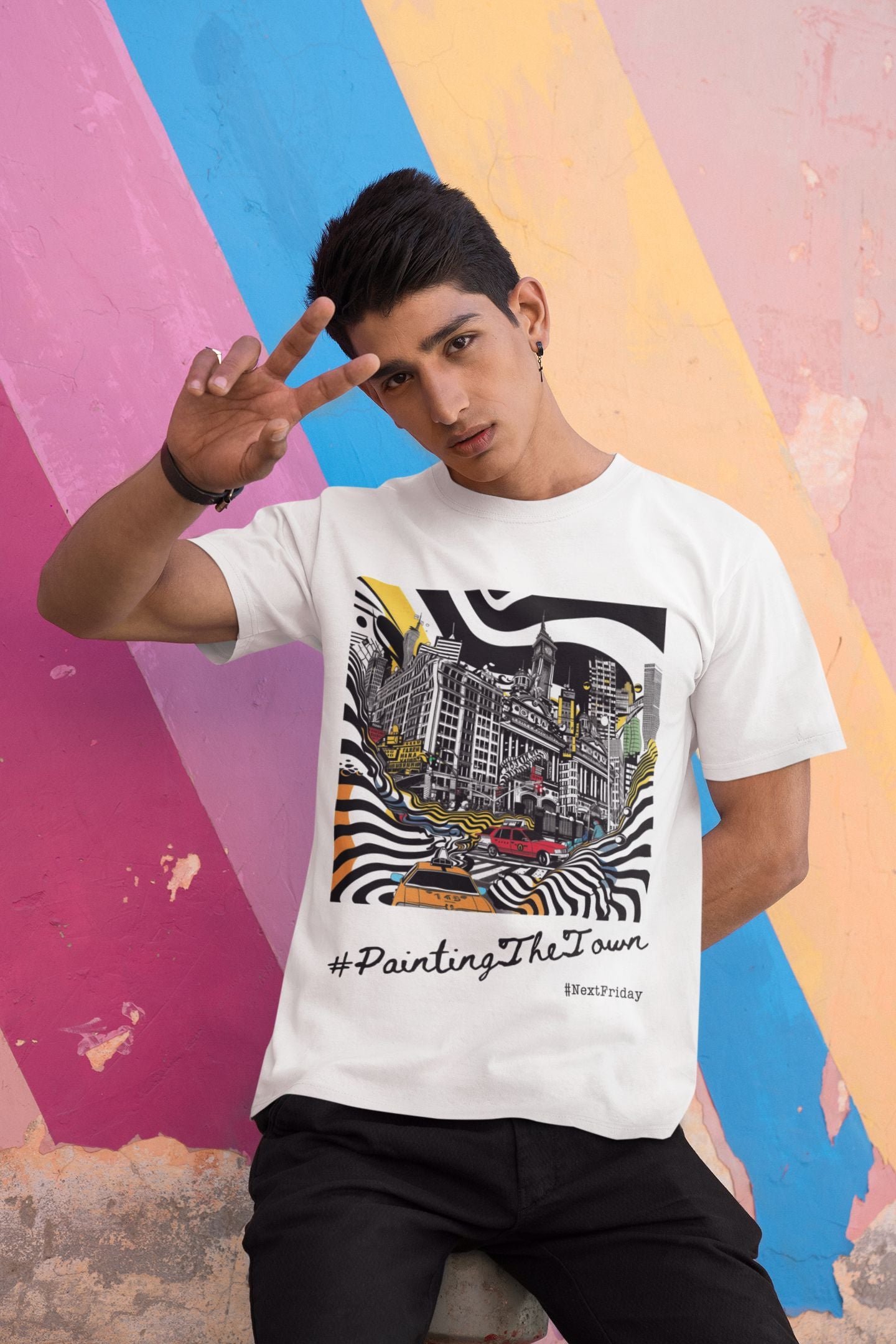 Urban Vibrance: Street Art-Inspired Monochrome Cityscape Unisex T-Shirt – 'Painting the Town'