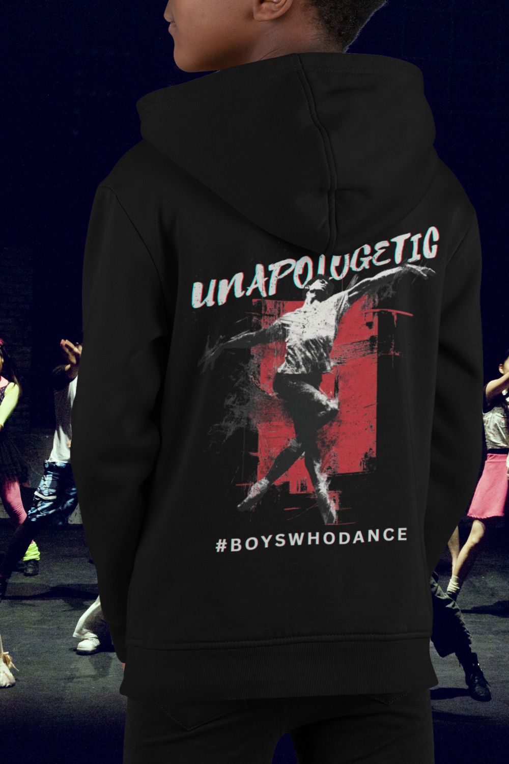 Boys' “Unapologetic” Dance Hoodie – Back Print Youth Fleece in Black, White, Royal & Sport Grey