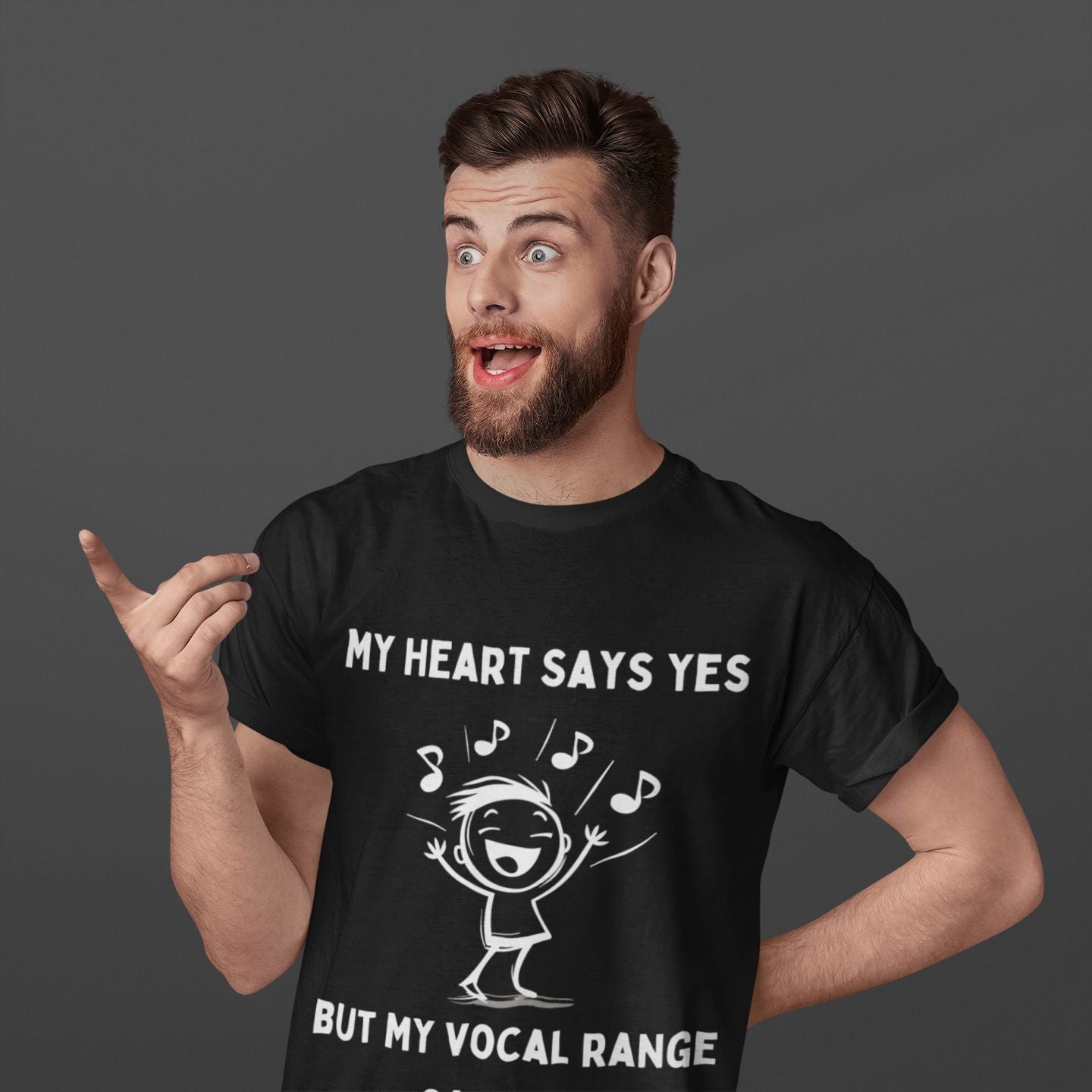 Men’s Theatre T-Shirt – "My Heart Says Yes, But My Vocal Range Says No" Unisex Design