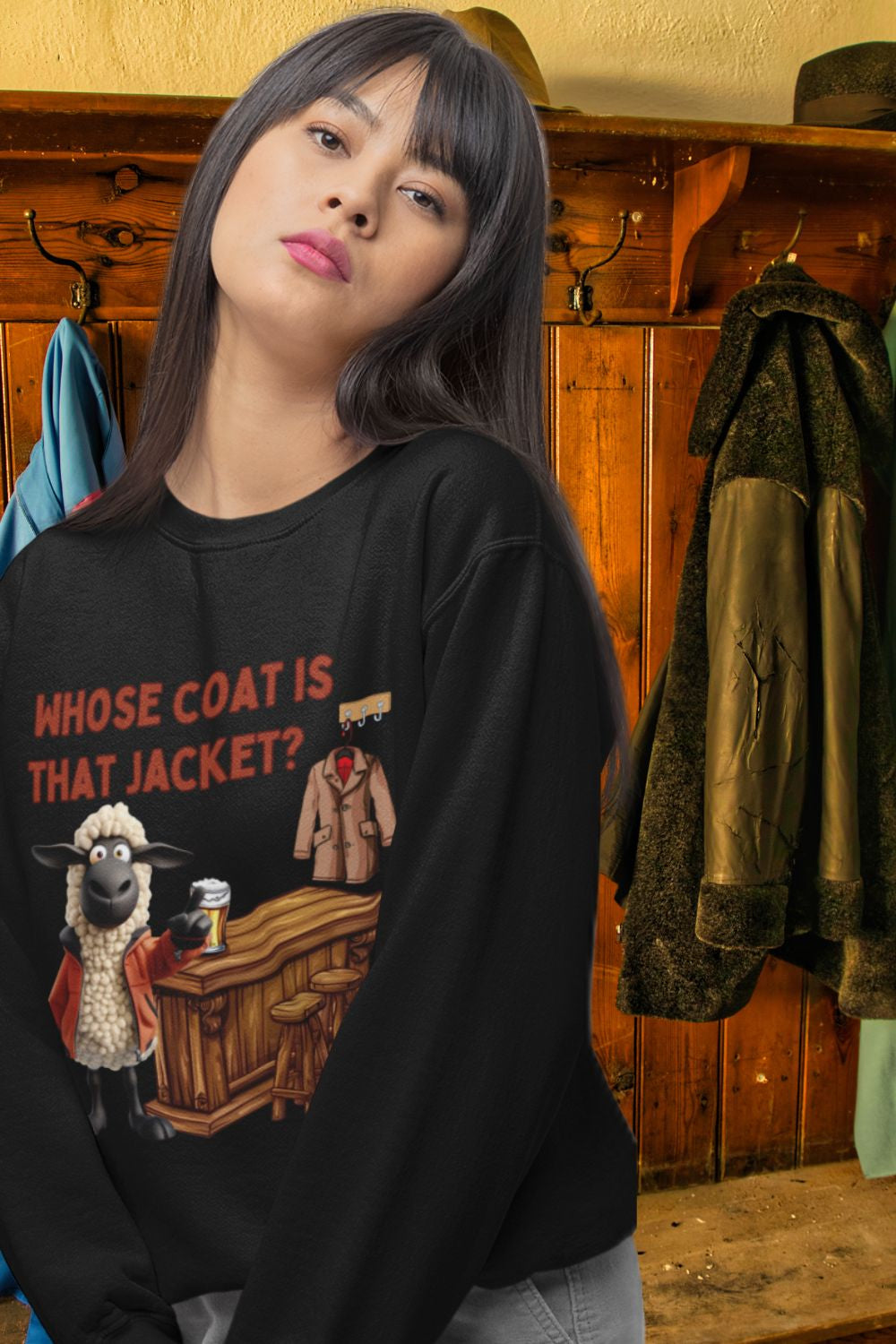 Whose Coat Is That Jacket? Welsh Humour Sweatshirt | Unisex Heavy Blend | Black, White & Sand