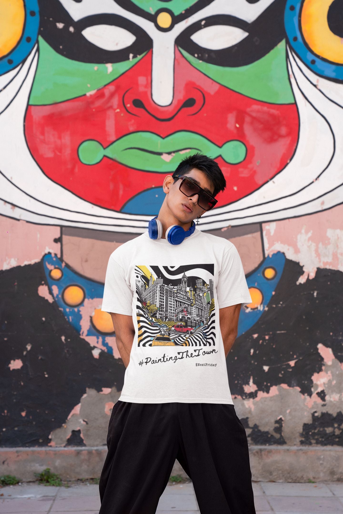 Urban Vibrance: Street Art-Inspired Monochrome Cityscape Unisex T-Shirt – 'Painting the Town'
