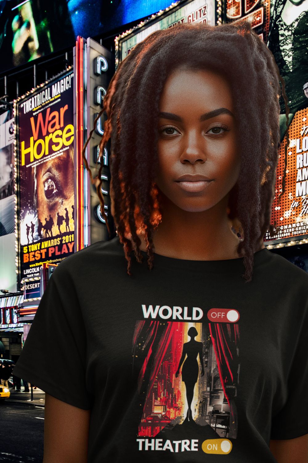 Women’s “World Off. Theatre On.” Organic Cotton T-Shirt (Cropped Oversized Fit) – Because Theatre Is Life