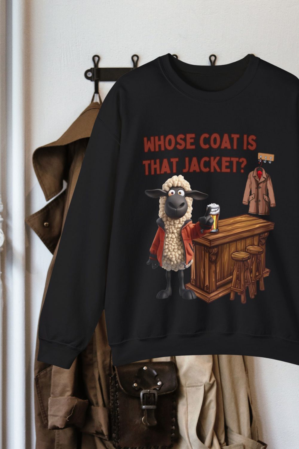 Whose Coat Is That Jacket? Welsh Humour Sweatshirt | Unisex Heavy Blend | Black, White & Sand