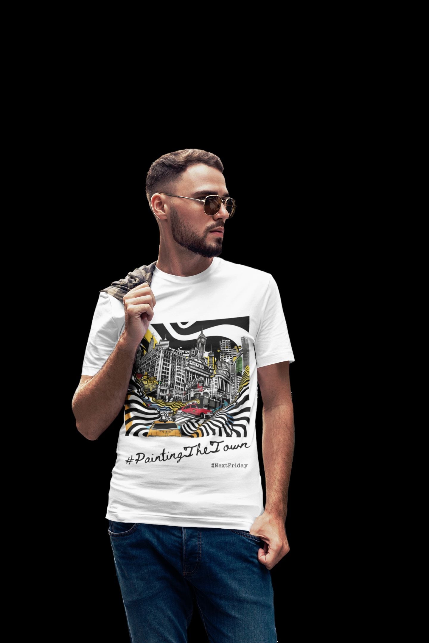 Urban Vibrance: Street Art-Inspired Monochrome Cityscape Unisex T-Shirt – 'Painting the Town'