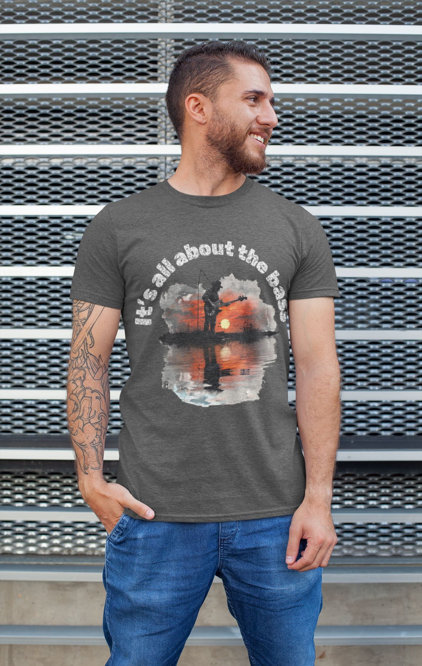 Men’s Bass Guitar and Fishing T-shirt – Father’s Day Gift for Musicians
