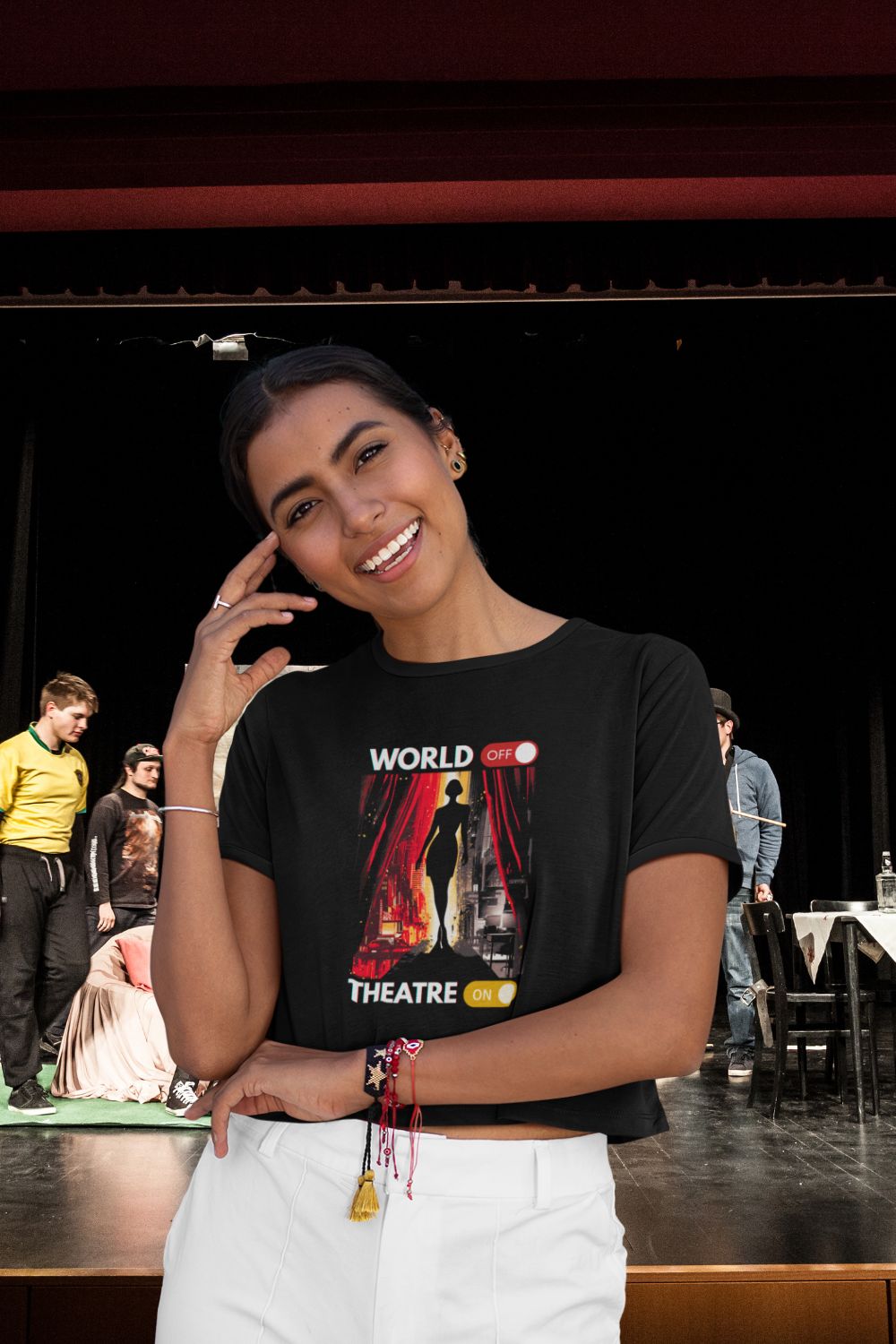 Women’s “World Off. Theatre On.” Organic Cotton T-Shirt (Cropped Oversized Fit) – Because Theatre Is Life