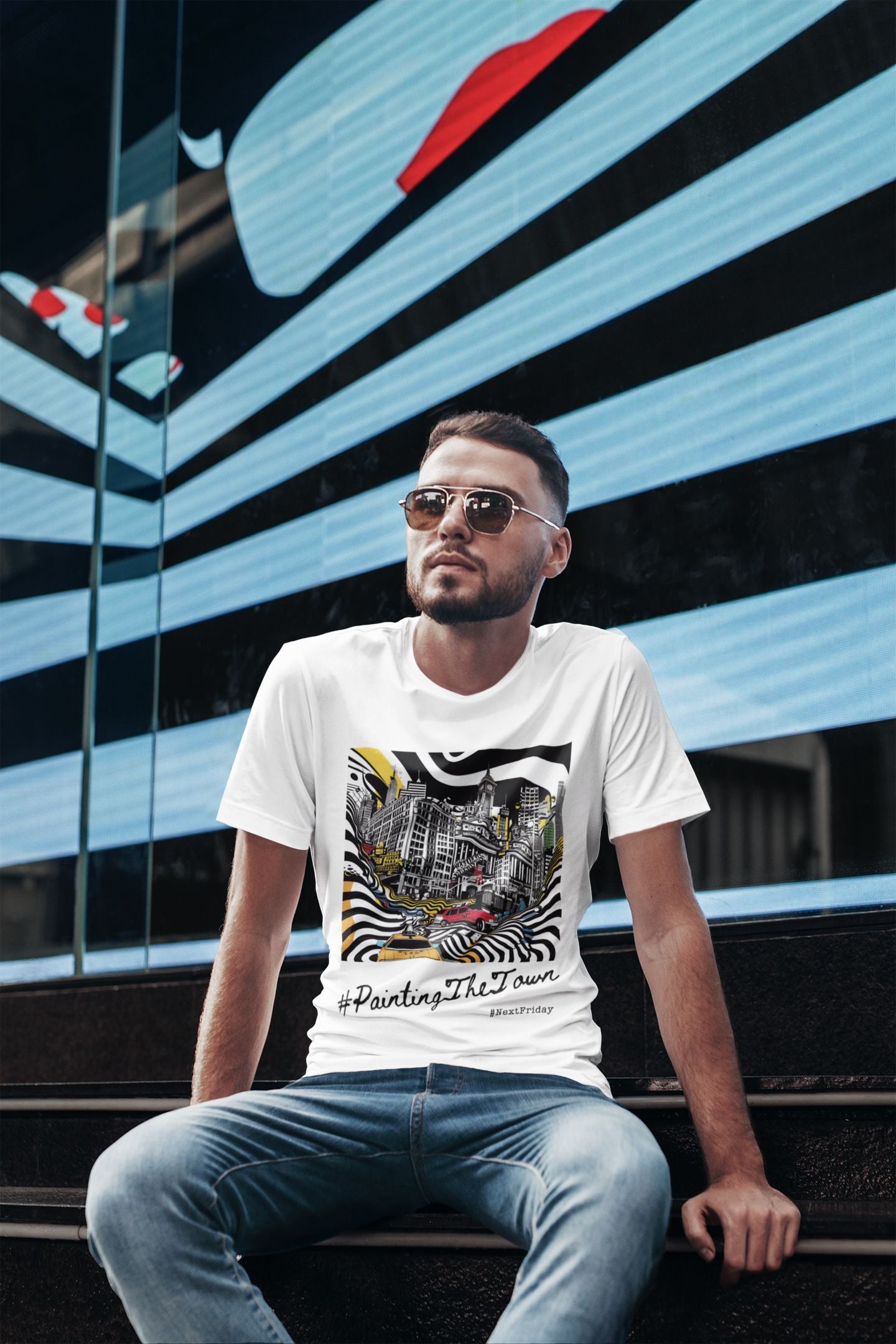 Urban Vibrance: Street Art-Inspired Monochrome Cityscape Unisex T-Shirt – 'Painting the Town'