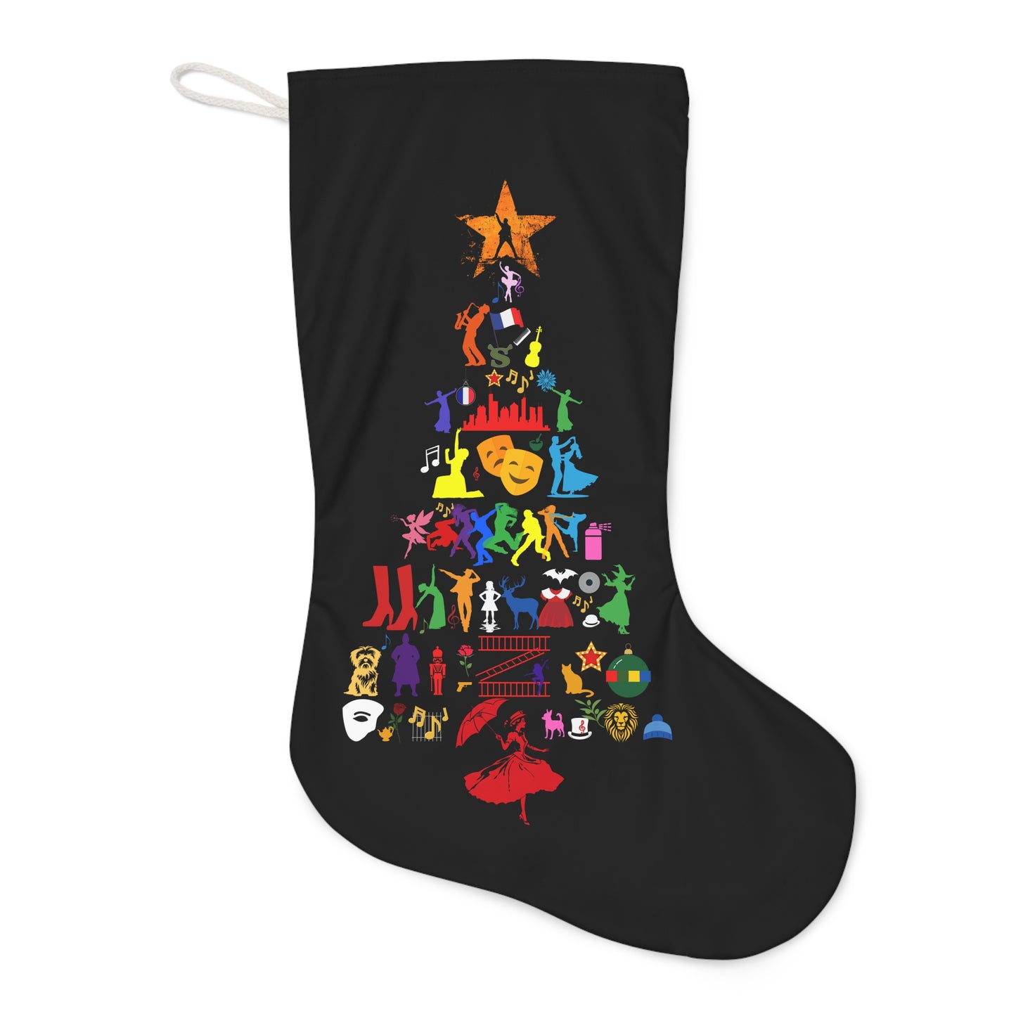 Musical Theatre Icon Christmas Tree Stocking – Festive Faux Suede Holiday Decor for Theatre Lovers