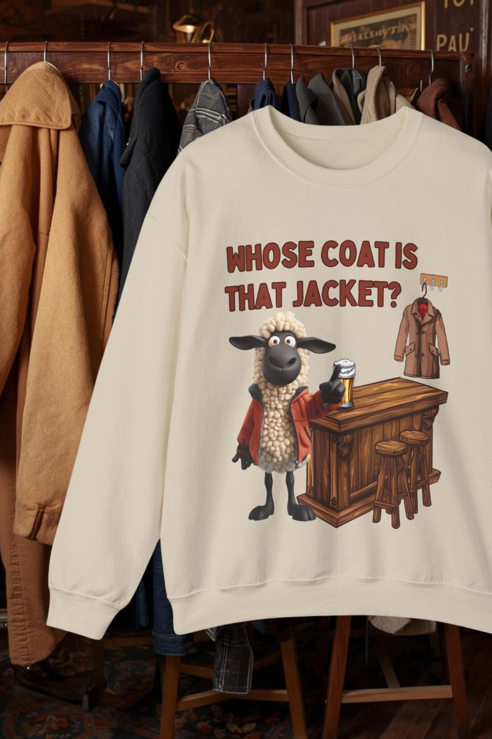 Whose Coat Is That Jacket? Welsh Humour Sweatshirt | Unisex Heavy Blend | Black, White & Sand