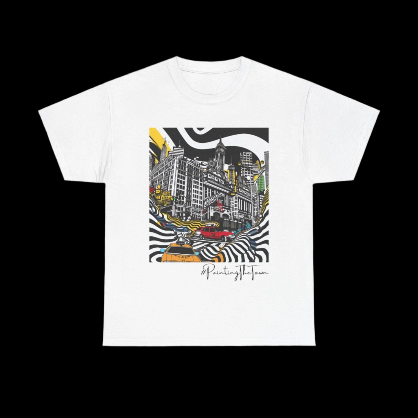 Urban Vibrance: Street Art-Inspired Monochrome Cityscape Unisex T-Shirt – 'Painting the Town'