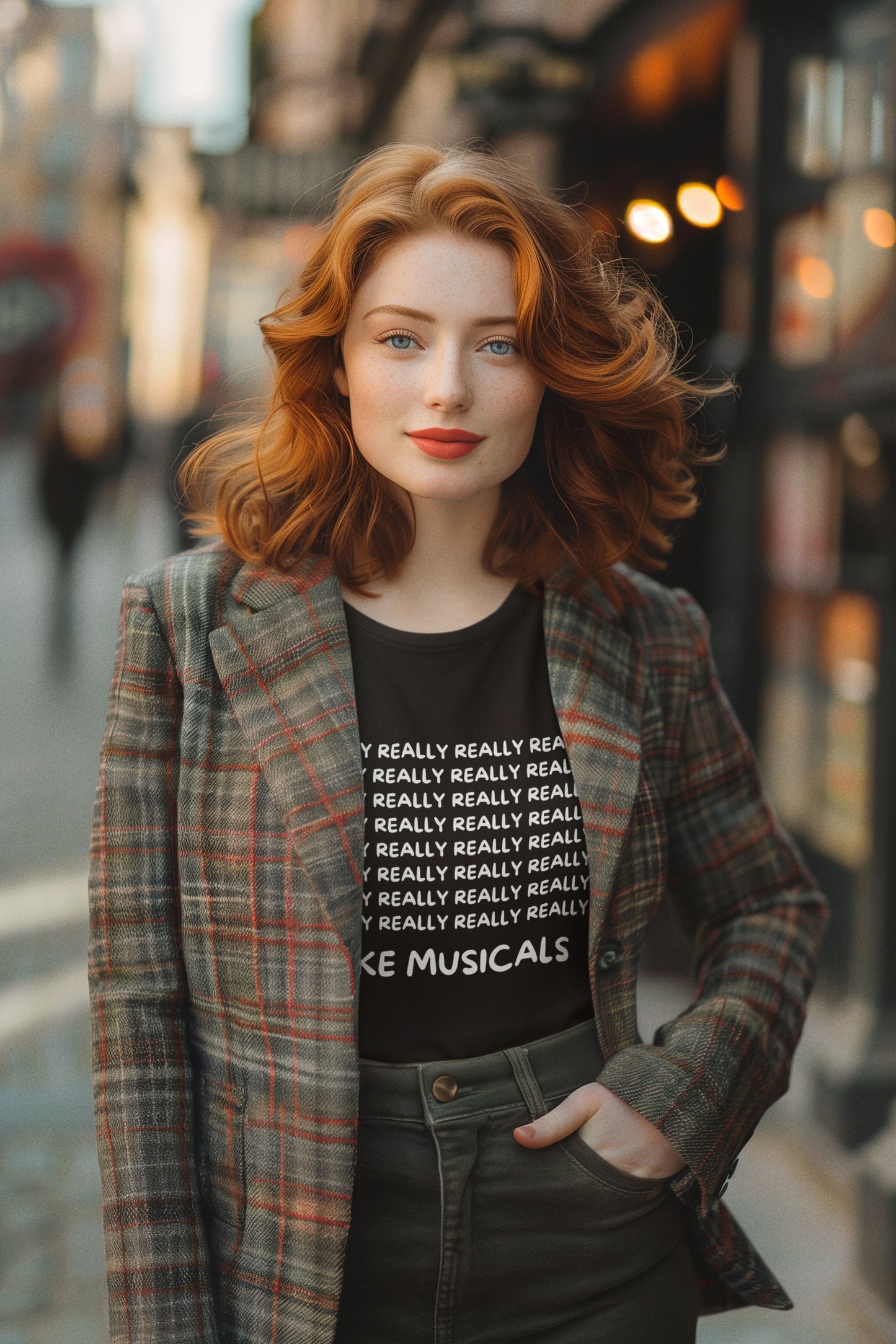 Funny Musical Theatre Women’s T-Shirt – “I REALLY REALLY REALLY Like Musicals” – Slim Fit, Black, Navy & Berry