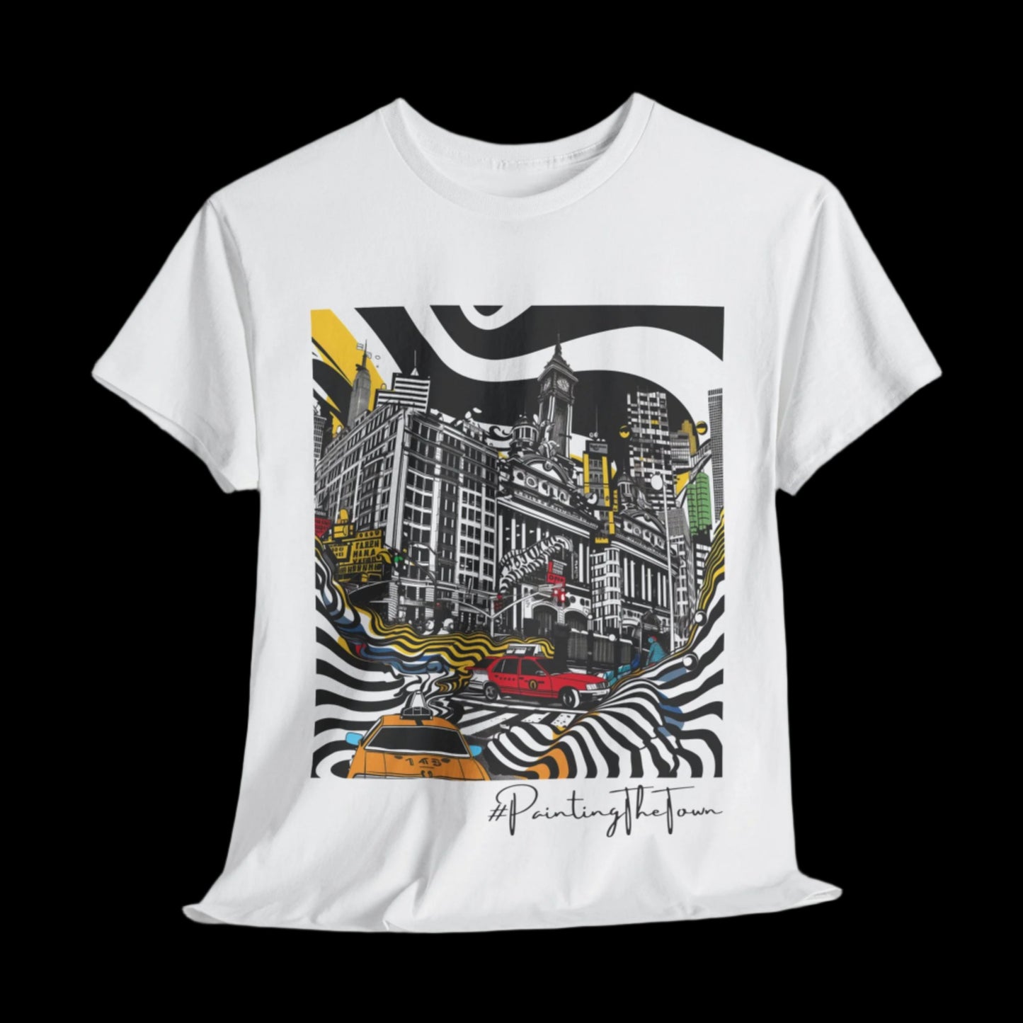 Urban Vibrance: Street Art-Inspired Monochrome Cityscape Unisex T-Shirt – 'Painting the Town'